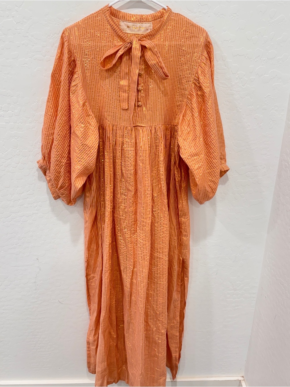 Jen's Pirate Booty Orange Metallic Striped  Midi Dress Womens Small Tie Neck